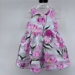 Girls Floral Dress Party Occasion Pink Tulip Flower Bow‎ 4t